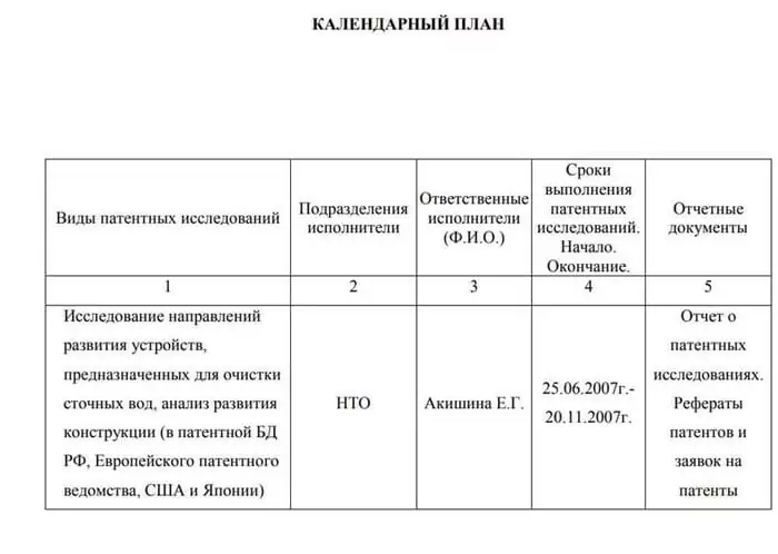 пример календарного плана для исследования